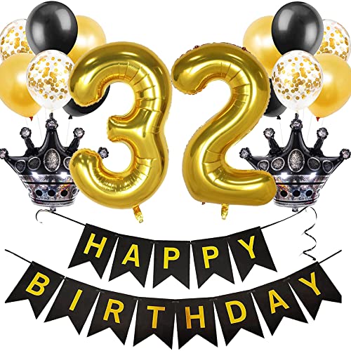 Feelairy Luftballon 32. Geburtstag Deko Frauen, Ballon Geburtstagsdeko 32 Jahr Männer, Schwarz Gold Happy Birthday Deko Ballon 32 Geburtstag Frau Party Deko, Ballon 32. Geburtstag Dekoration Set von Feelairy