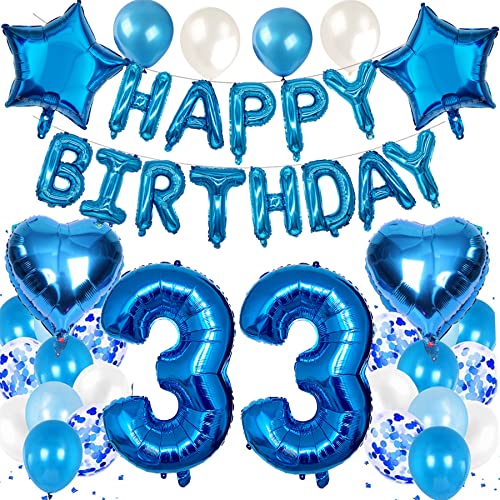 Feelairy Luftballon 33. Geburtstag Deko Männer Set, Blau Geburtstagsdeko 33 Jahre Mann, Folienballon Zahl 33 Blau, Luftballons Happy Birthday Banner Girlande, Ballon 33 Deko zum Geburtstag Mann von Feelairy