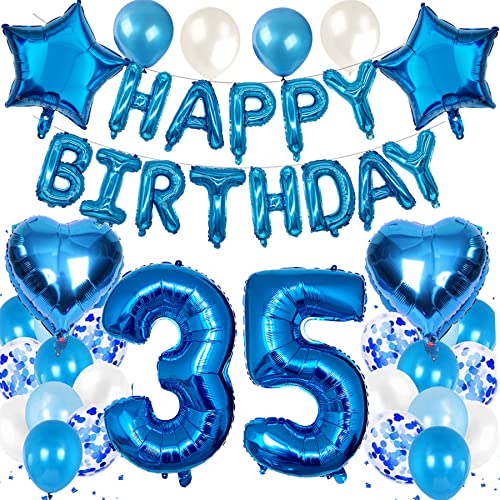 Feelairy Luftballon 35. Geburtstag Deko Männer Set, Blau Geburtstagsdeko 35 Jahre Mann, Folienballon Zahl 35 Blau, Luftballons Happy Birthday Banner Girlande, Ballon 35 Deko zum Geburtstag Mann von Feelairy