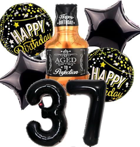 Feelairy Luftballon 37. Geburtstag Mann, 37 Geburtstag Deko Schwarz Ballons Whiskey Deko 37. Geburtstag Frauen, Geburtstagsdeko 37 Jahre Männer, Ballon Weinflasche Deko zum Geburtstag Frau 37 von Feelairy