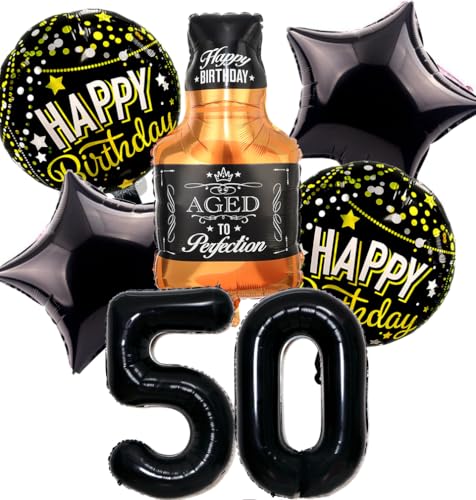Feelairy Luftballon 50. Geburtstag Mann, 50 Geburtstag Deko Schwarz Ballons Whiskey Deko 50. Geburtstag Frauen, Geburtstagsdeko 50 Jahre Männer, Ballon Weinflasche Deko zum Geburtstag Frau 50 von Feelairy