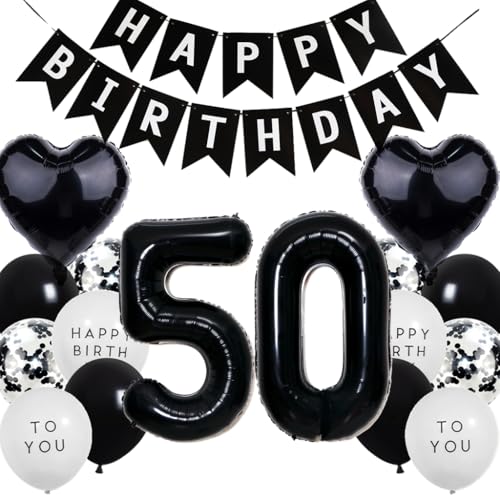 Feelairy Luftballon 50. Geburtstag Mann Frau, 50 Geburtstag Deko Schwarz, Geburtstagsdeko 50 Jahre Männer, Geburtstag Girlande Happy Birthday Deko Schwarz, Ballon 50 Deko zum Geburtstag Frauen von Feelairy