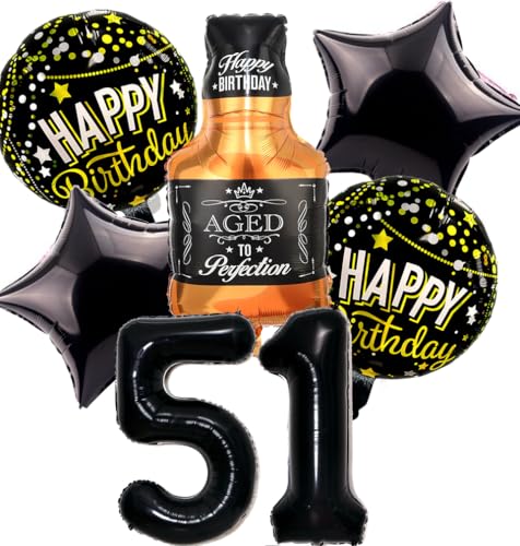Feelairy Luftballon 51. Geburtstag Mann, 51 Geburtstag Deko Schwarz Ballons Whiskey Deko 51. Geburtstag Frauen, Geburtstagsdeko 51 Jahre Männer, Ballon Weinflasche Deko zum Geburtstag Frau 51 von Feelairy