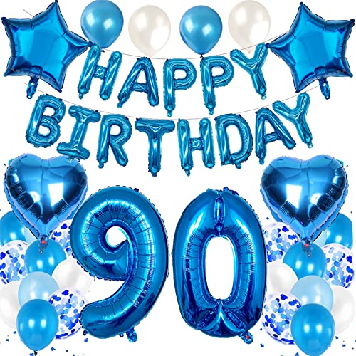 Feelairy Luftballon 90. Geburtstag Deko Männer Set, Blau Geburtstagsdeko 90 Jahre Mann, Folienballon Zahl 90 Blau, Luftballons Happy Birthday Banner Girlande, Ballon 90 Deko zum Geburtstag Mann von Feelairy