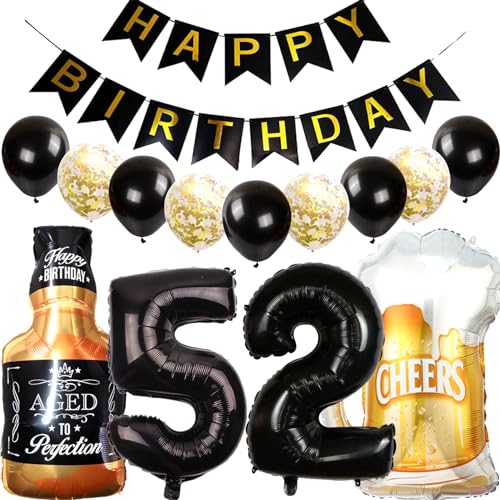 Feelairy Luftballons 52. Geburtstag Deko, Geburtstagsdeko 52 Jahre Mann Frau, Folienballon Whiskey Bierglas Ballon Weinflasche Bier Deko, Happy Birthday Banner für 52 Jahre Geburtstag Party Deko Set von Feelairy
