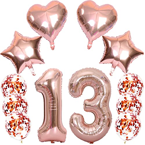 Feelairy Luftballons Zahl 13 Rosegold Folienballon Nummer 13, Helium Ballons Herz Sterne Roségold, Ballons Konfetti Rosegold, Zahlenballon 13 für Geburtstag Mädchen Party Deko von Feelairy