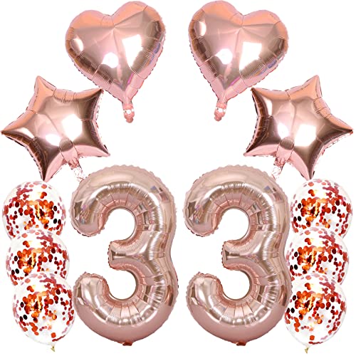 Feelairy Luftballons Zahl 33 Rosegold Folienballon Nummer 33, Helium Ballons Herz Sterne Roségold, Ballons Konfetti Rosegold, Zahlenballon 33 für Geburtstag Frauen Party Deko von Feelairy