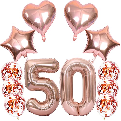 Feelairy Luftballons Zahl 50 Rosegold Folienballon Nummer 50, Helium Ballons Herz Sterne Roségold, Ballons Konfetti Rosegold, Zahlenballon 50 für Geburtstag Frauen Party Deko von Feelairy