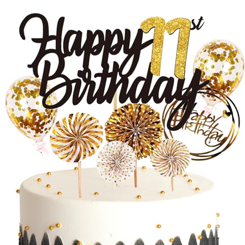 Feelairy Tortendeko 11. Geburtstag für Mädchen und Jungen - Cake Topper Happy 11th Birthday - Glitzer Kuchen Deko mit Ballon und Konfetti für 11 Jahre Kinder von Feelairy