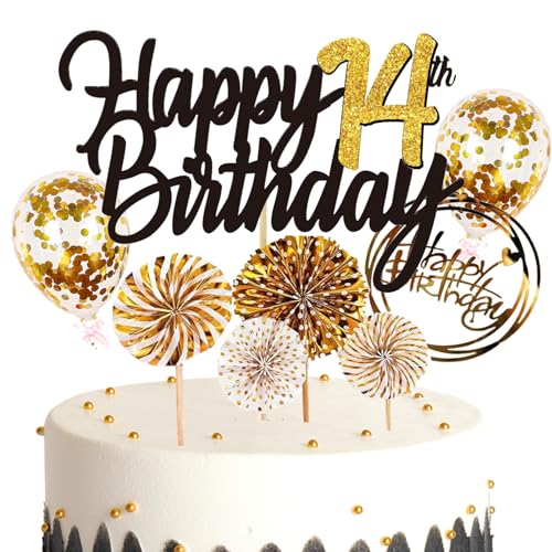 Feelairy Tortendeko 14. Geburtstag für Mädchen und Jungen - Glitzer Cake Topper Happy 14th Birthday - Kuchen Deko mit Ballon und Konfetti für 14 Jahre Kinder von Feelairy