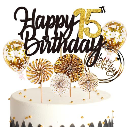 Feelairy Tortendeko 15. Geburtstag für Mädchen und Jungen - Cake Topper Happy 15th Birthday, Glitzer Kuchen Deko mit Ballon und Konfetti für 15 Jahre Kinder von Feelairy