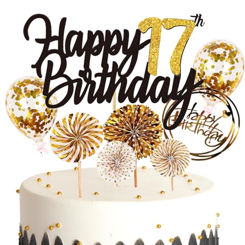 Feelairy Tortendeko 17. Geburtstag für Mädchen und Jungen - Glitzer Cake Topper Happy 17th Birthday - Kuchen Deko mit Ballon und Konfetti für 17 Jahre Kinder von Feelairy