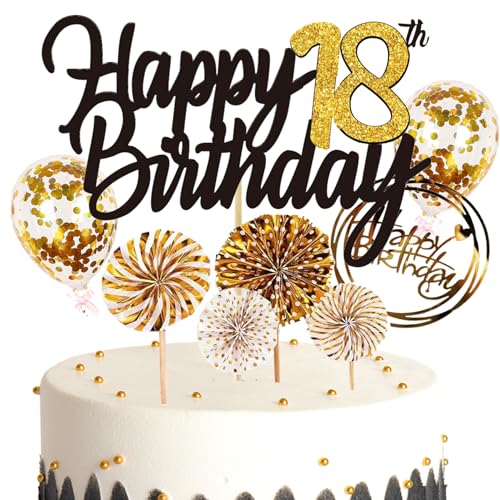 Feelairy Tortendeko 18. Geburtstag für Mädchen Jungen - Cake Topper Happy 18th Birthday, Glitzer Kuchen Deko mit Ballon Konfetti für Geburtstagstorte 18 Jahre Kinder von Feelairy