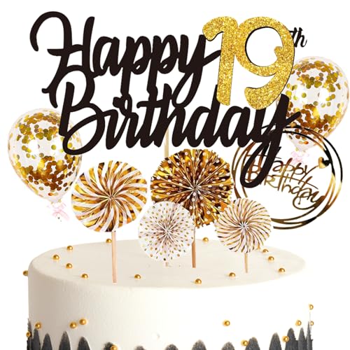Feelairy Tortendeko 19. Geburtstag Mädchen Jungen, Cake Topper Geburtstag Kuchen Topper Happy 19th Birthday, Glitzer Kuchen Deko Geburtstag Ballon Konfetti für Geburtstagstorte Deko 19 Jahre Kinder von Feelairy