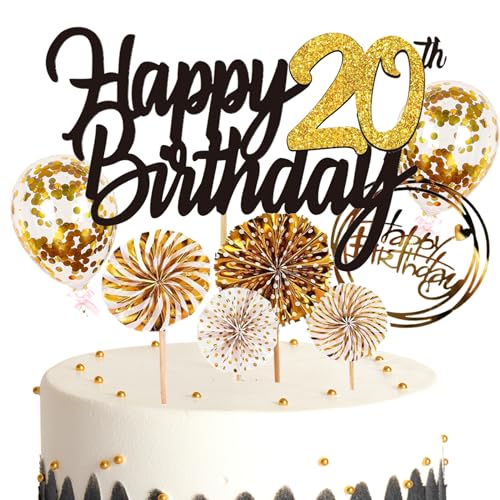 Feelairy Tortendeko 20. Geburtstag Mädchen Jungen, Cake Topper Geburtstag Kuchen Topper Happy 20th Birthday, Glitzer Kuchen Deko Geburtstag Ballon Konfetti für Geburtstagstorte Deko 20 Jahre Kinder von Feelairy