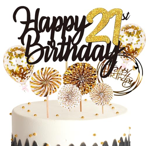 Feelairy Tortendeko 21. Geburtstag für Mädchen und Jungen - Glitzer Cake Topper Happy 21th Birthday - Kuchen Deko mit Ballon und Konfetti für 21 Jahre Kinder von Feelairy