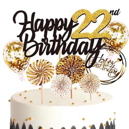 Feelairy Tortendeko 22. Geburtstag Mädchen Jungen, Cake Topper Geburtstag Kuchen Topper Happy 22th Birthday, Glitzer Kuchen Deko Geburtstag Ballon Konfetti für Geburtstagstorte Deko 22 Jahre Kinder von Feelairy