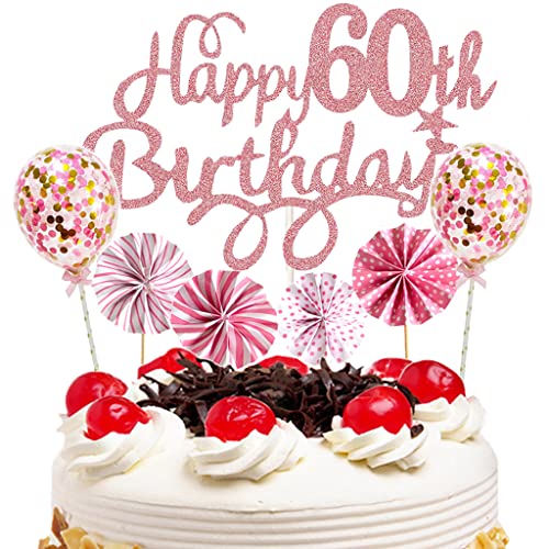 Feelairy Tortendeko Geburtstag 60 Frau, Glitzer Kuchendeko 60. Geburtstag Frau, Rosegold Cake Topper Happy Birthday Kuchen Topper Ballons Konfetti Geburtstagstorte Deko für 60 Jahre Frau von Feelairy