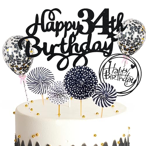 Feelairy Tortendeko Happy Birthday Deko Kuchendeko 34. Geburtstag Mann Frau, Schwarz Kuchen Topper 34. Geburtstag, Cake Topper Happy Birthday Ballon für Geburtstagstorte Deko 34 Jahre Frauen Männer von Feelairy