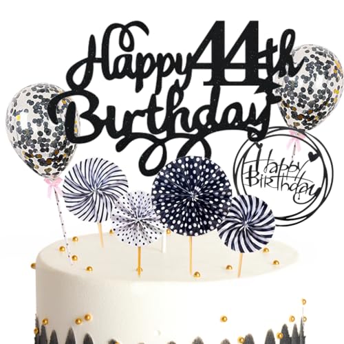 Feelairy Tortendeko Happy Birthday Deko Kuchendeko 44. Geburtstag Mann Frau, Schwarz Kuchen Topper 44. Geburtstag, Cake Topper Happy Birthday Ballon für Geburtstagstorte Deko 44 Jahre Frauen Männer von Feelairy
