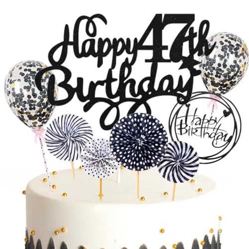 Feelairy Tortendeko Happy Birthday Deko Kuchendeko 47. Geburtstag Mann Frau, Schwarz Kuchen Topper 47. Geburtstag, Cake Topper Happy Birthday Ballon für Geburtstagstorte Deko 47 Jahre Frauen Männer von Feelairy