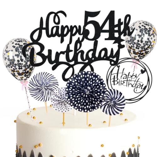 Feelairy Tortendeko Happy Birthday Deko Kuchendeko 54. Geburtstag Mann Frau, Schwarz Kuchen Topper 54. Geburtstag, Cake Topper Happy Birthday Ballon für Geburtstagstorte Deko 54 Jahre Frauen Männer von Feelairy