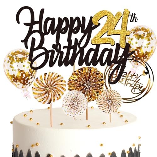 Feelairy Tortendeko Happy Birthday Gold Kuchendeko 24. Geburtstag Frau, Kuchen Topper Happy 24th Birthday, Cake Topper 24. Geburtstag Ballons Konfetti für Geburtstagstorte Deko 24 Jahre Frauen Männer von Feelairy