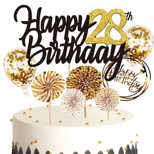 Feelairy Tortendeko Happy Birthday Gold Kuchendeko 28. Geburtstag Frau, Kuchen Topper Happy 28th Birthday, Cake Topper 28. Geburtstag Ballons Konfetti für Geburtstagstorte Deko 28 Jahre Frauen Männer von Feelairy