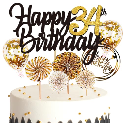 Feelairy Tortendeko Happy Birthday Gold Kuchendeko 34. Geburtstag Frau, Kuchen Topper Happy 34th Birthday, Cake Topper 34. Geburtstag Ballons Konfetti für Geburtstagstorte Deko 34 Jahre Frauen Männer von Feelairy