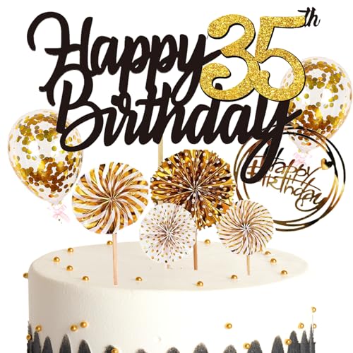 Feelairy Tortendeko Happy Birthday Gold Kuchendeko 35. Geburtstag Frau, Kuchen Topper Happy 35th Birthday, Cake Topper 35. Geburtstag Ballons Konfetti für Geburtstagstorte Deko 35 Jahre Frauen Männer von Feelairy