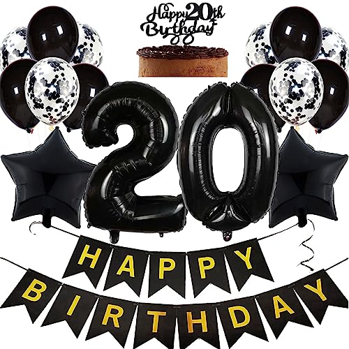 Feelairy Geburtstagsdeko 20 Jahre Junge, Luftballon 20. Geburtstag Deko Mädchen, Schwarz Tortendeko Happy 20th Birthday Deko 20 Jahre Mädchen, Ballon 20. Geburtstag Party Dekoration Set von Feelairy