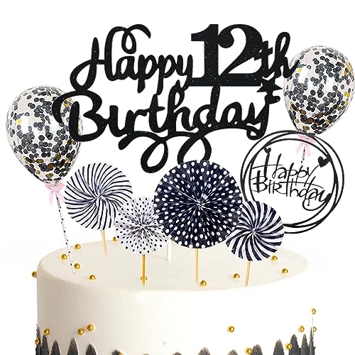 Feelairy Tortendeko 12. Geburtstag Mädchen Jungen, Schwarz Kuchen Deko 12. Geburtstag Mädchen Jungen Cake Topper Happy Birthday Ballon Konfetti für Geburtstagstorte Deko 12 Jahre Kinder von Feelairy