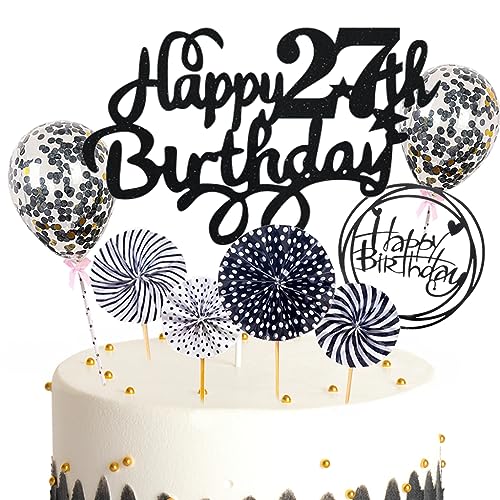 Feelairy Tortendeko Happy Birthday Deko Kuchendeko 27. Geburtstag Mann Frau, Schwarz Kuchen Topper 27. Geburtstag, Cake Topper Happy Birthday Ballon für Geburtstagstorte Deko 27 Jahre Frauen Männer von Feelairy