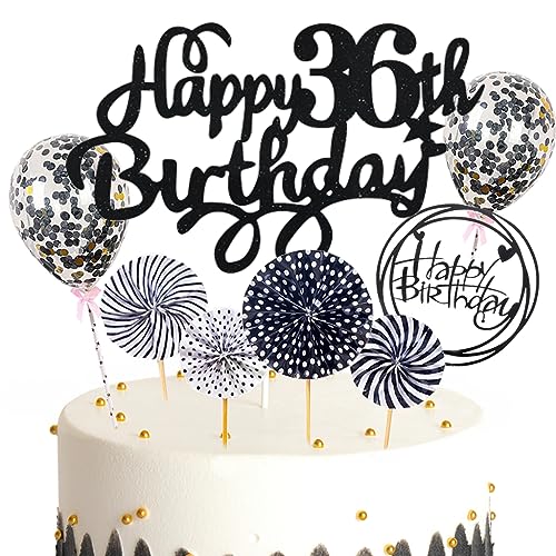 Feelairy Tortendeko Happy Birthday Deko Kuchendeko 36. Geburtstag Mann Frau, Schwarz Kuchen Topper 36. Geburtstag, Cake Topper Happy Birthday Ballon für Geburtstagstorte Deko 36 Jahre Frauen Männer von Feelairy