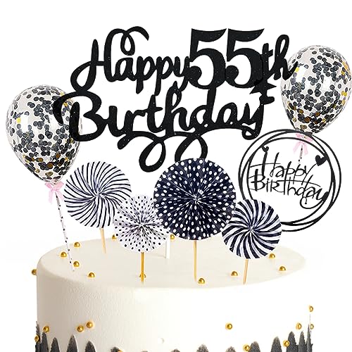 Feelairy Tortendeko Happy Birthday Deko Kuchendeko 55. Geburtstag Mann Frau, Schwarz Kuchen Topper 55. Geburtstag, Cake Topper Happy Birthday Ballon für Geburtstagstorte Deko 55 Jahre Frauen Männer von Feelairy