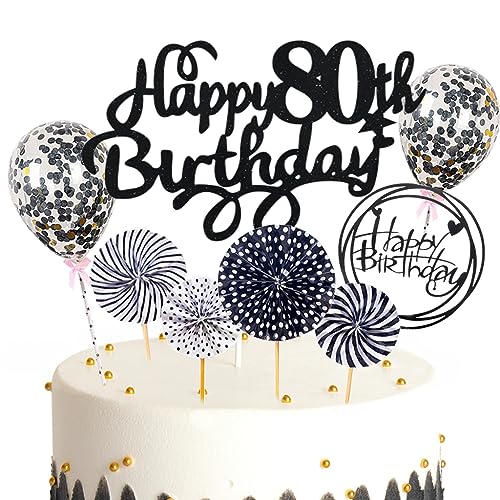 Feelairy Tortendeko Happy Birthday Deko Kuchendeko 80. Geburtstag Mann Frau, Schwarz Kuchen Topper 80. Geburtstag, Cake Topper Happy Birthday Ballon für Geburtstagstorte Deko 80 Jahre Frauen Männer von Feelairy