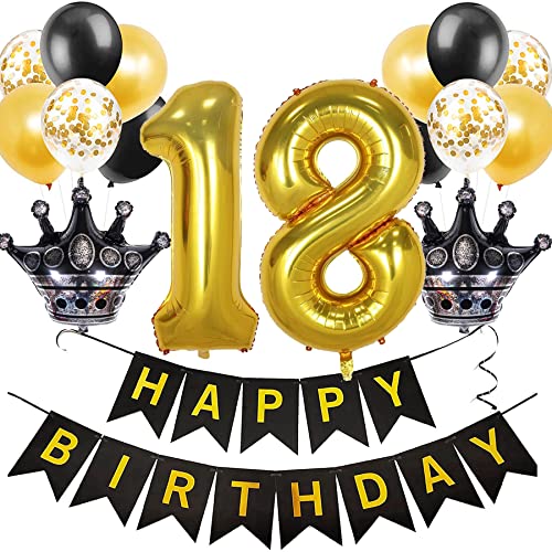 Feelairy Happy Birthday 18 Jahre Deko Set: Schwarz-Gold, Krone, Banner, Luftballons, Konfetti von Feelairy