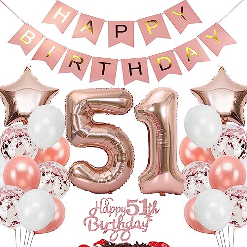 Feelairy Geburtstagsdeko 51 Jahre Frauen, Rosegold Luftballon 51. Geburtstag Deko Frau, Tortendeko Happy 51th Birthday Deko 51 Jahre Frauen, Ballon 51. Geburtstag Frau Party Dekoration Set von Feelairy