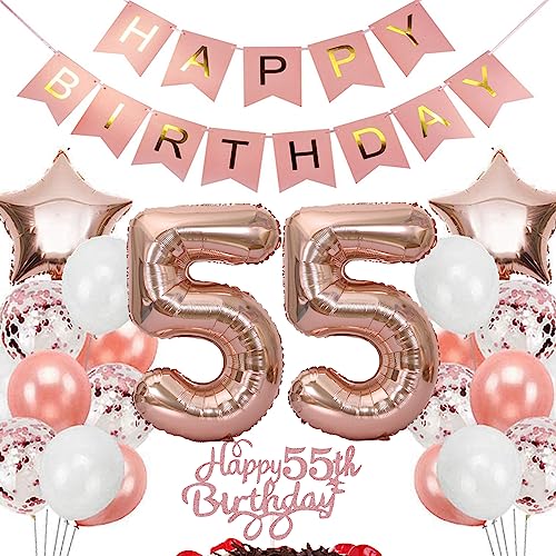 Feelairy Geburtstagsdeko 55 Jahre Frauen, Rosegold Luftballon 55. Geburtstag Deko Frau, Tortendeko Happy 55th Birthday Deko 55 Jahre Frauen, Ballon 55. Geburtstag Frau Party Dekoration Set von Feelairy