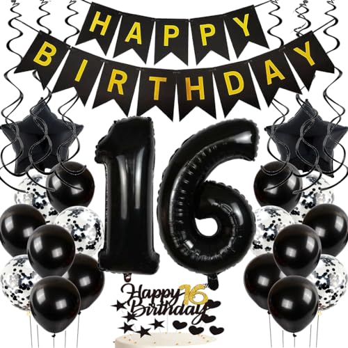 Feelairyspiral + balloon black, Luftballon 10. Geburtstag Deko Mädchen, Schwarz Gold Tortendeko Happy 10th Birthday Deko 10 Jahre Mädchen, Ballon 16. Geburtstag Party Dekoration Set von Feelairy