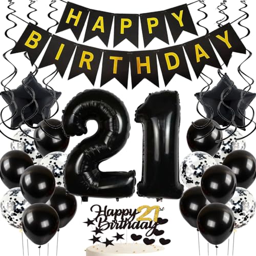 Feelairy Schwarz Geburtstagsdeko 21 Jahre Happy Birthday Deko Set mit Banner, Ballons, Konfetti und Kuchendeko von Feelairy