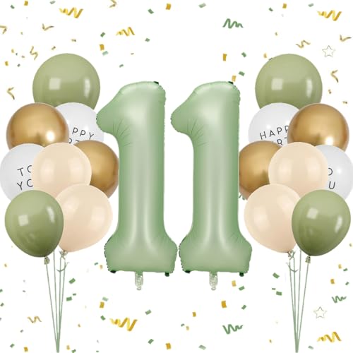 Luftballon 11. Geburtstag Mädchen, Salbeigrün Zahl 11 Luftballon Happy Birthday Deko 11 Jahre Junge, Latexballons Olive Grün Gold Ballons 11 Grün, Olivgrün Geburtstagsdeko 11 Jahre Jungen Mädchen von Feelairy