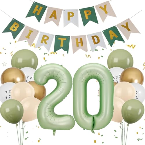 Luftballon 20. Geburtstag Frauen, Salbeigrün Zahl 20 Luftballon Happy Birthday Deko 20 Jahre Männer, Olive Grün Ballons 20 Deko Folienballon 20 Grün Gold, Olivgrün Geburtstagsdeko 20 Jahre Frau Mann von Feelairy