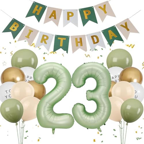 Luftballon 23. Geburtstag Frauen, Salbeigrün Zahl 23 Luftballon Happy Birthday Deko 23 Jahre Männer, Olive Grün Ballons 23 Deko Folienballon 23 Grün Gold, Olivgrün Geburtstagsdeko 23 Jahre Frau Mann von Feelairy