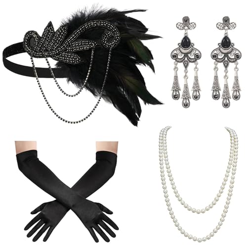 FeelfunFeather 1920er Jahre Gatsby Zubehör-Set, 7 Stück brüllende 20er Jahre Kostüm Flapper Zubehör für Frauen mit Feder Stirnband Halskette Ohrringe Handschuhe für Party Halloween von FeelfunFeather