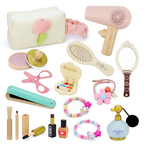 Feelhap Holzschminke Spielset Mädchen Schminkkoffer Kinder,17-teiliges Holz Kinderschminke Set Spielzeug Mädchen Holz Makeup Schminke Spielzeug mit Friseur Set,Geschenk für Kinder ab 3 4 5 6 7 Jahre von Feelhap