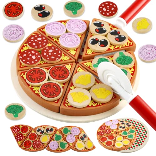 Feelhap Pizza-Set Zubehör aus Holz,Pizza Kinderküche Holzspielzeug Spielküche Zubehör Holzpizza für Kinder,Spielküche Pizza-Schneidespielzeug Pädagogisches Rollenspiel Lernspielzeug Geschenk von Feelhap