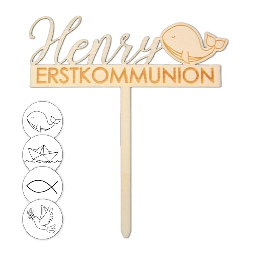 FEENSTAUB Cake Topper aus Holz, Tortendeko Kommunion mit Namen, personalisierter Torten Topper, Konfirmation Tortendeko, Erstkommunion Deko Torte, Kuchenstecker, Kuchendeko Symbol von Feenstaub