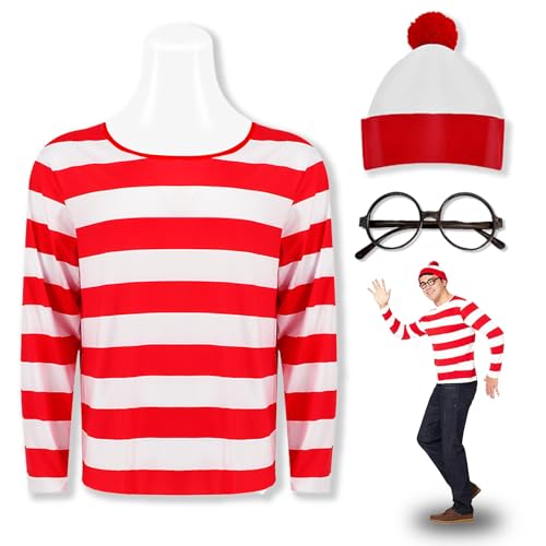 Feeziloe Herren Where's Wally Kit, Zylinder Brille Socken Kostüm Set, Rot und Weiß Top Fresher Kostüm Weltbuchtag Verkleidung Halloween, Schulverkleidungstag (M) von Feeziloe