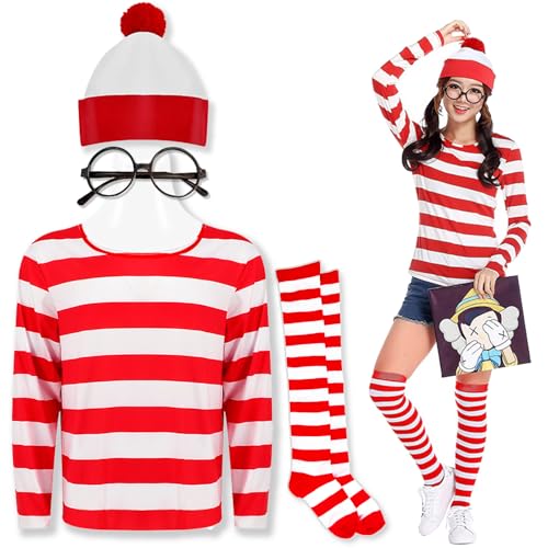 Feeziloe Where's Wally Damen-Set, Zylinderhut, Brille, Socken, Kostüm-Set, rot-weißes Oberteil, frischer Kostüm, Welttag des Buches, Halloween, Schulverkleidungstag (M) von Feeziloe